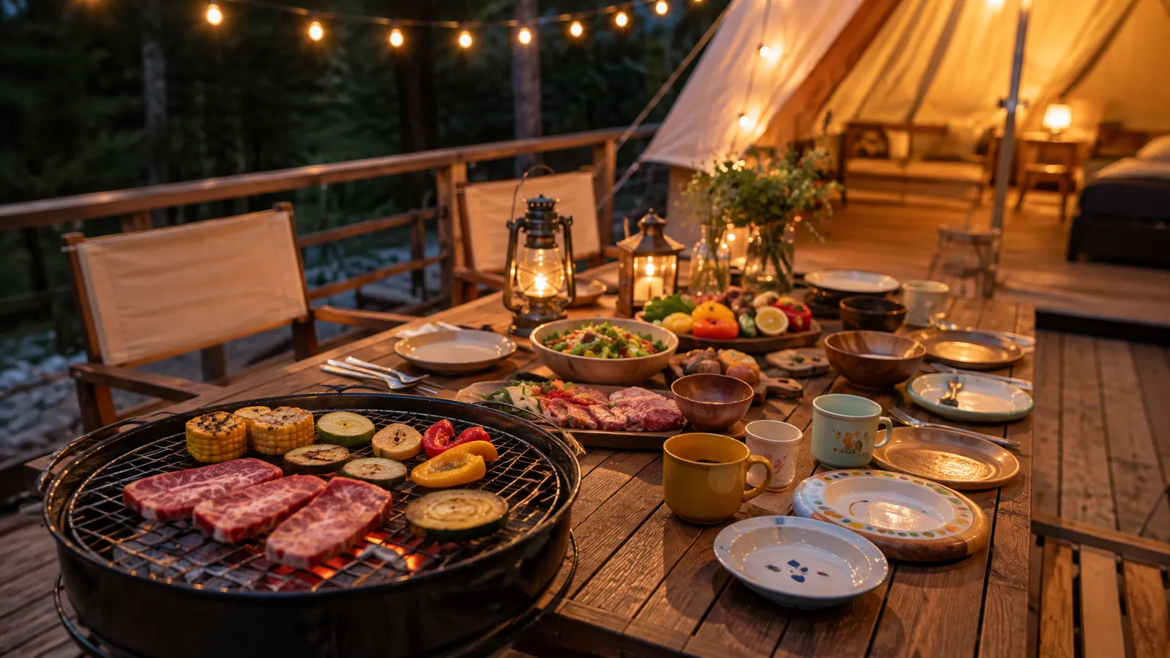A family BBQ table set for four at a Japanese glamping site, with child-sized plates and cups among the adult tableware