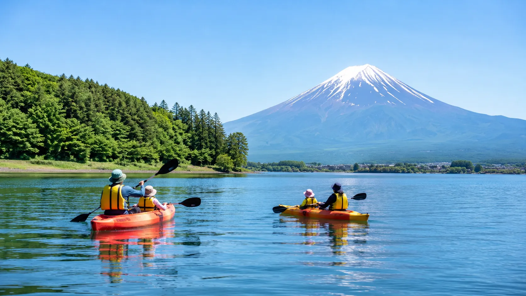 Two family kayaks on a calm lake with Mount Fuji behind, everyone wearing life jackets