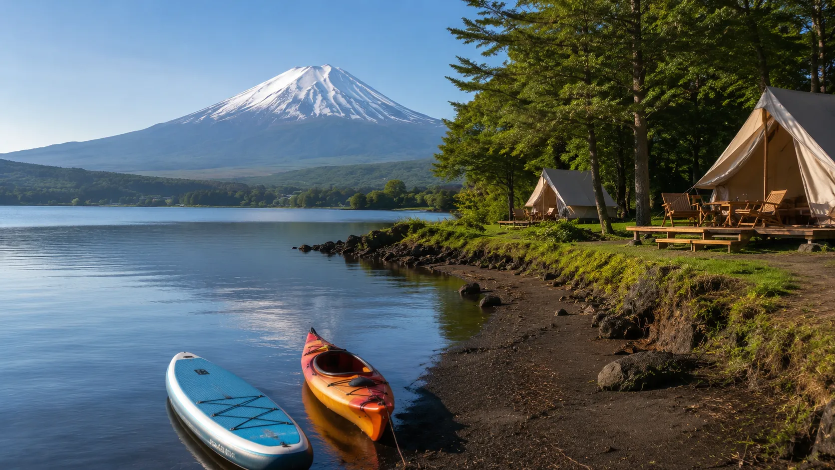 Glamping by Lake Yamanakako with Mount Fuji, kayak and SUP on the water