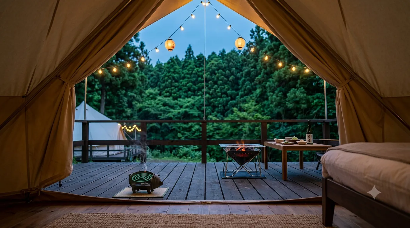 A traditional Japanese mosquito coil burning beside a lit BBQ grill on a glamping deck at dusk