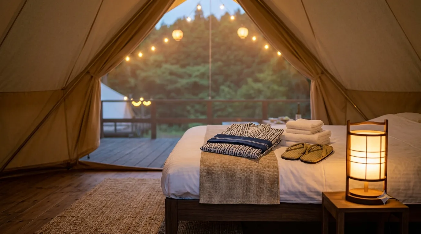 A folded yukata robe, towels and slippers waiting on the bed inside a Japanese glamping tent