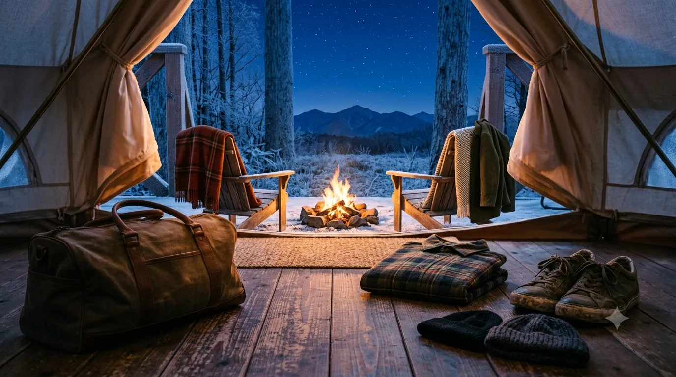 A winter fire pit with blankets and warm coats outside a heated glamping tent under a starry sky